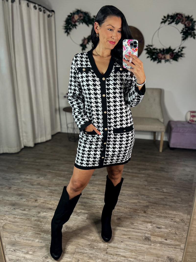 See You in Paris Sweater Dress (Black/White Houndstooth)