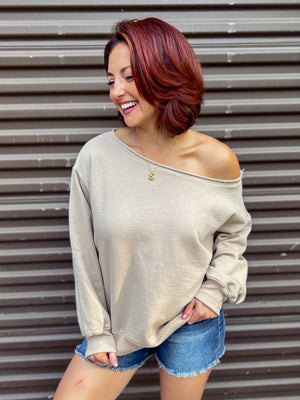 Camden Off The Shoulder Raw Hem Sweatshirt (Taupe)