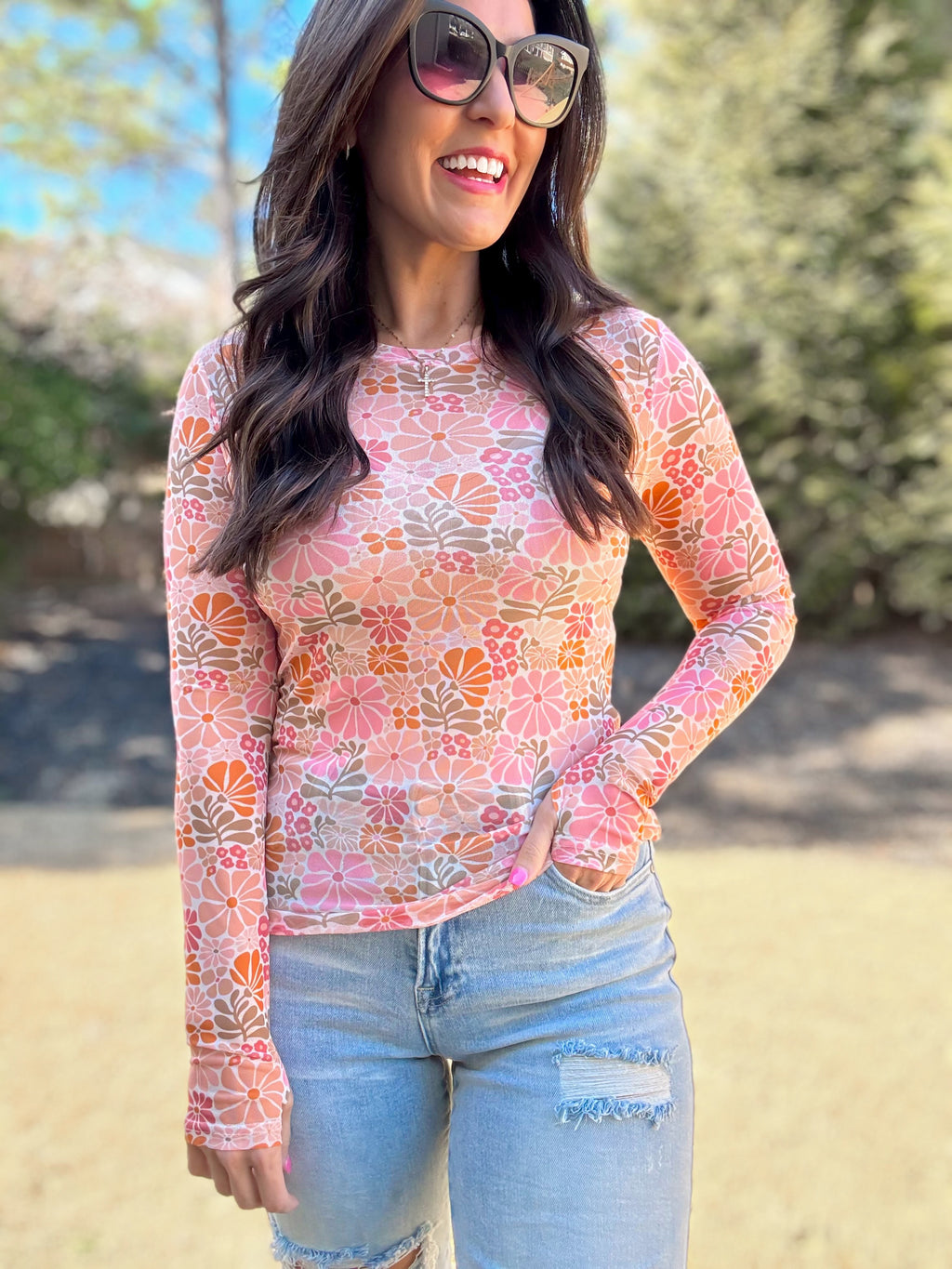 Retro Floral Mesh Top