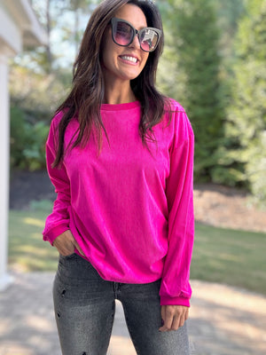 The Alexis Corded Velvet Pullover (Hot Pink)