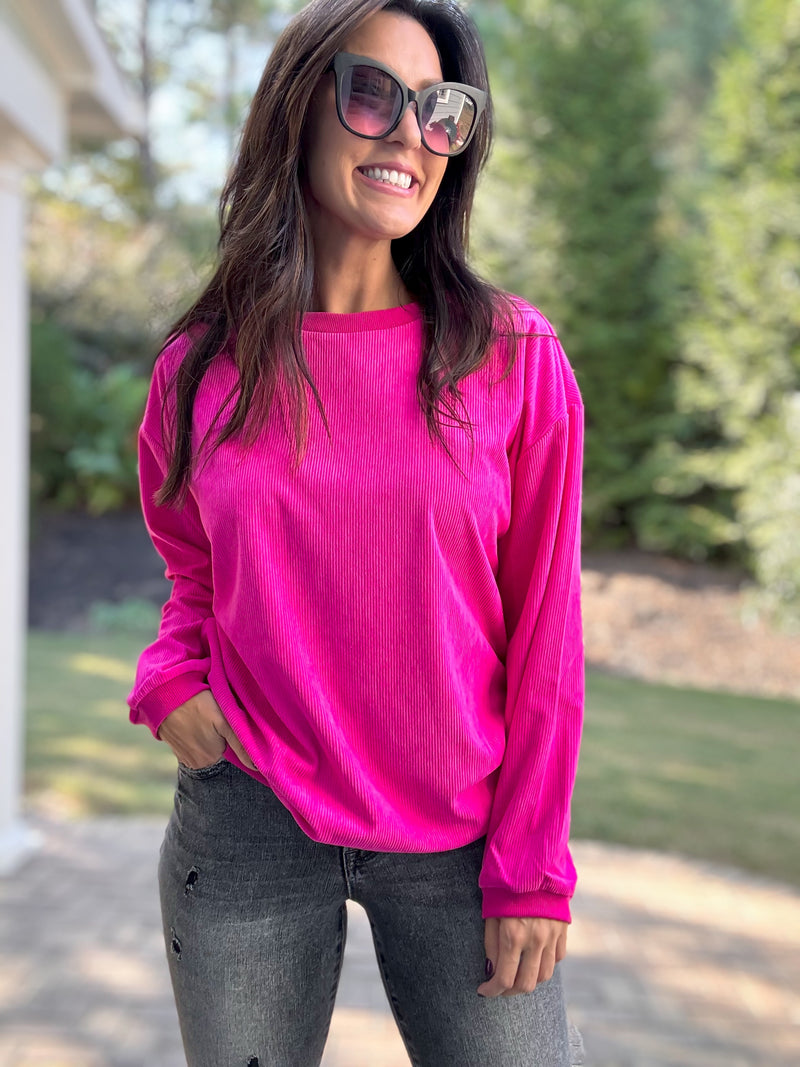 The Alexis Corded Velvet Pullover (Hot Pink)