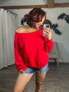 Camden Off The Shoulder Raw Hem Sweatshirt (Red)