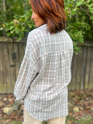 Marley Frayed Plaid Button Down (Sage)