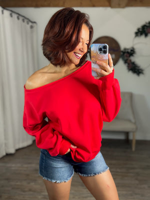 Camden Off The Shoulder Raw Hem Sweatshirt (Red)