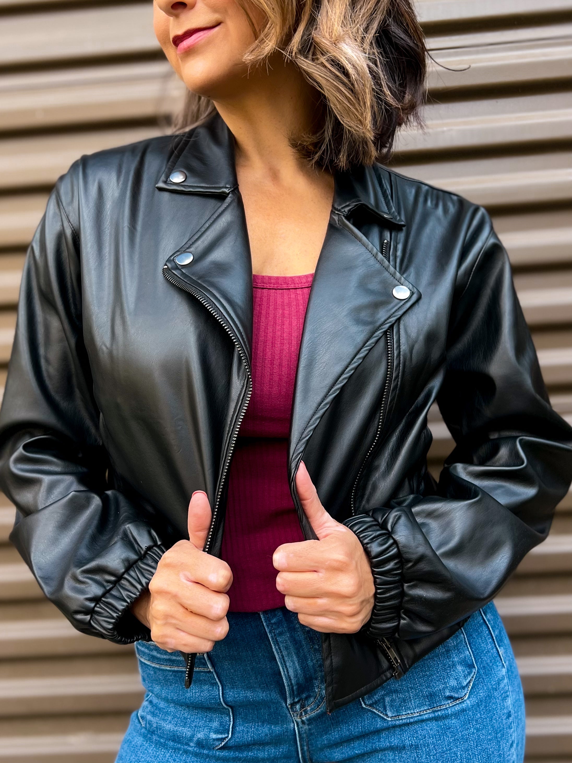 Magnolia Boutique Brown Vegan Leather Bomber Jacket, Small