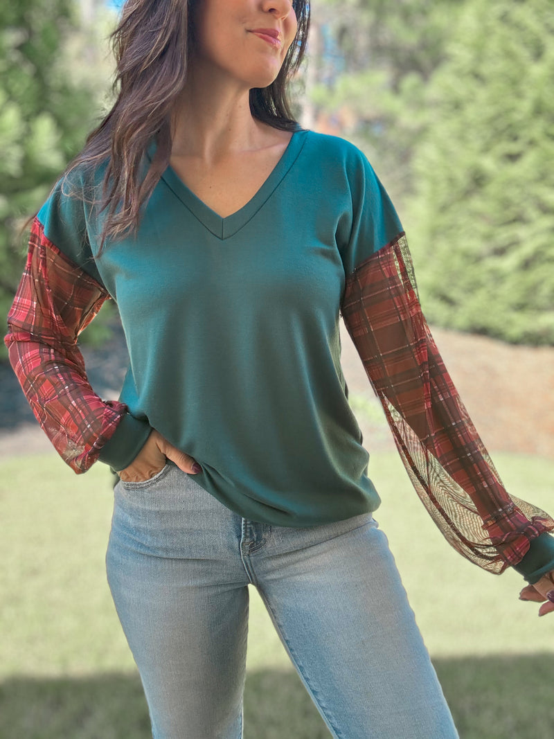 Holly Plaid Mesh Sleeve Top