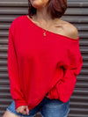 Camden Off The Shoulder Raw Hem Sweatshirt (Red)