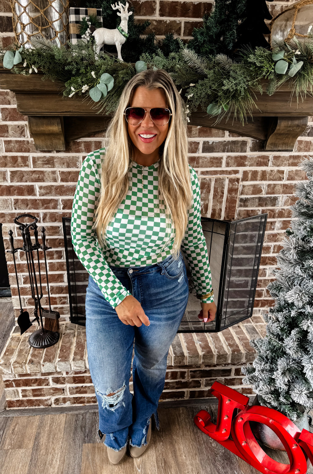 Green Checkered Mesh Top