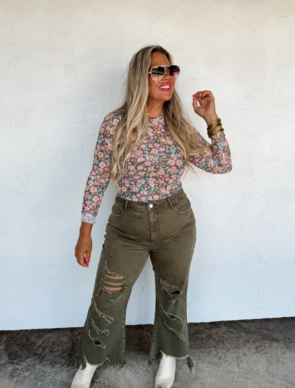 Faded Floral Mesh Top