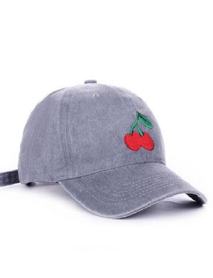 Cherries Embroidered Washed Out Cap (Grey)