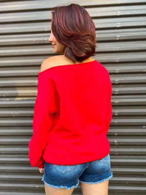 Camden Off The Shoulder Raw Hem Sweatshirt (Red)