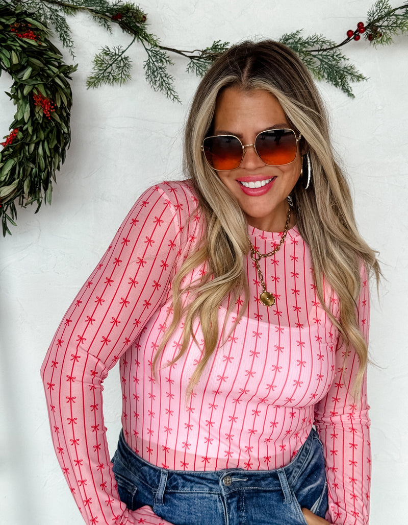 Red On Pink Ribbons Mesh Top