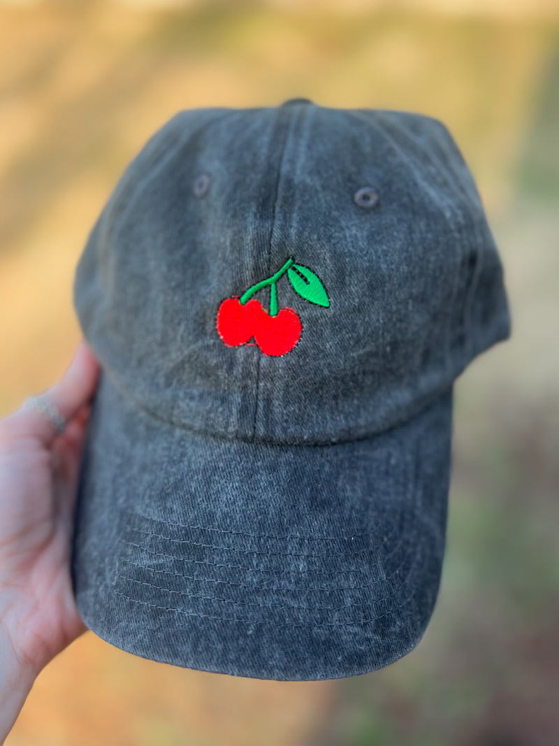 Cherries Embroidered Washed Out Cap (Black)