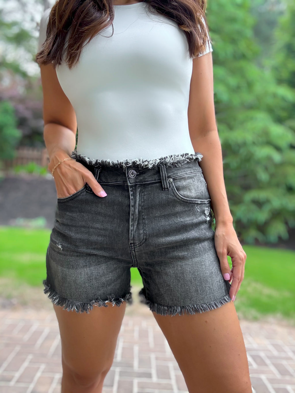 Flawlessly Frayed Black Jean Shorts