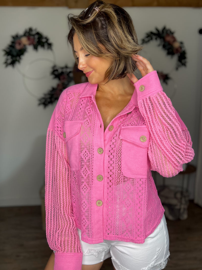 For The Love Of Pink Crochet Button Down