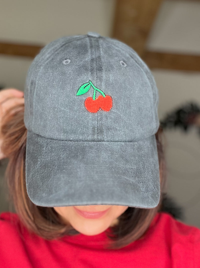 Cherries Embroidered Washed Out Cap (Grey)