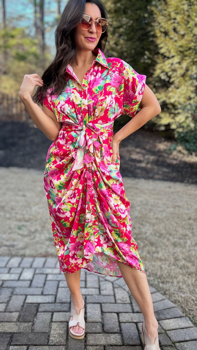 Radiant Bloom Satin Midi Dress