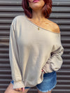 Camden Off The Shoulder Raw Hem Sweatshirt (Taupe)