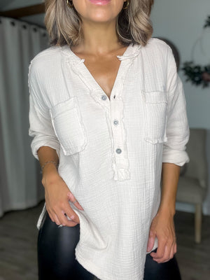 Henley Gauze Button Downs (Sand Beige)