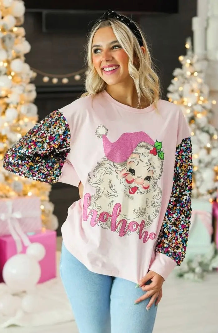 Ho Ho Ho Santa Claus Sequin Sleeve Top