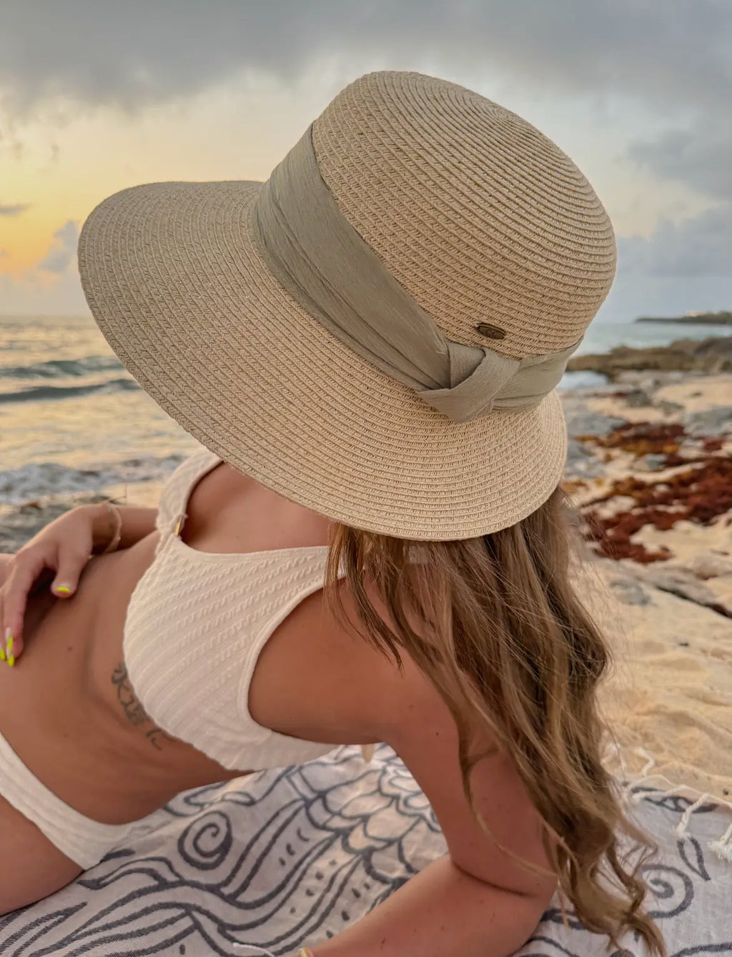 Gauze Trim Cloche Sun Hat