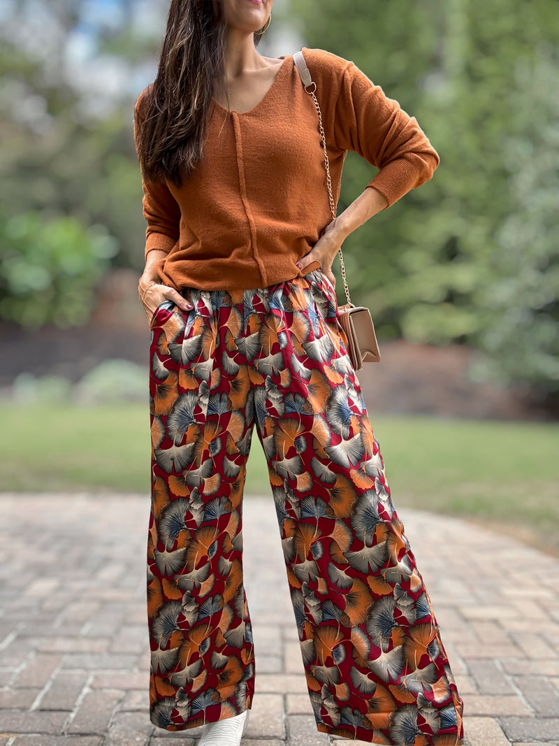 Ginkgo Satin Palazzo Pants (Wine)