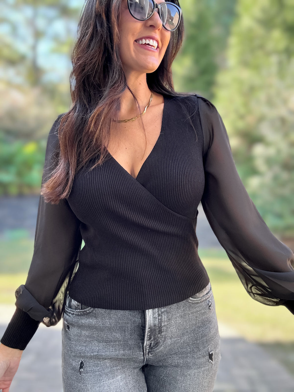 The Molly Sweater & Mesh Sleeve Top
(Black)