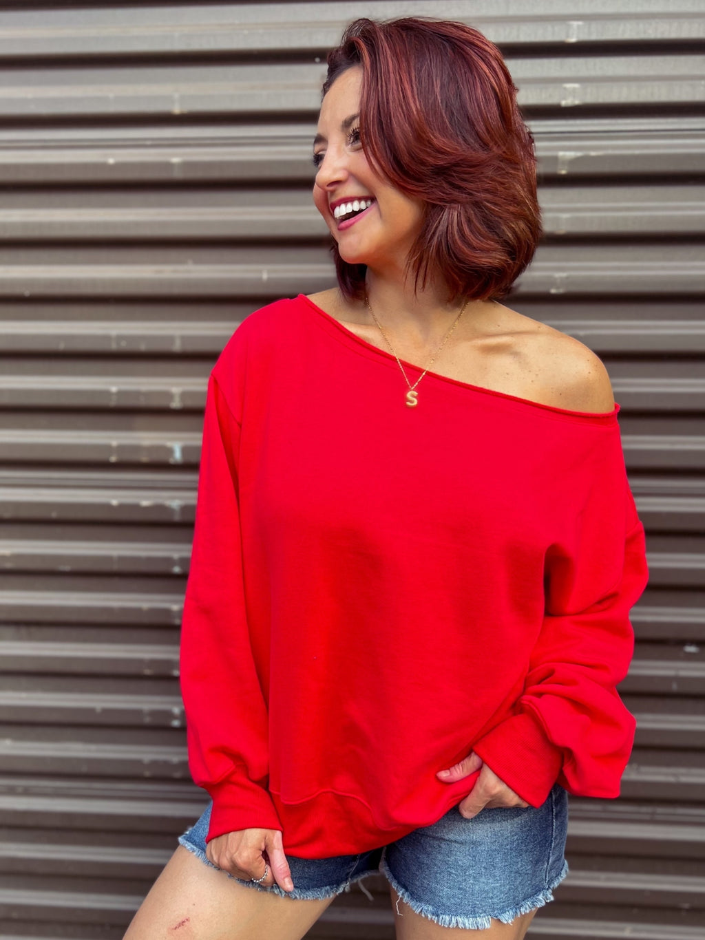 Camden Off The Shoulder Raw Hem Sweatshirt (Red)