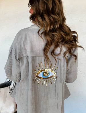 Santorini Button Down Cover Up (Beige)/ Pre/order- ships in 10 days.
