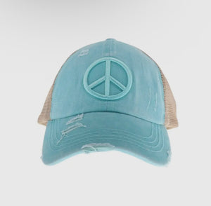 Distressed Peace Sign Criss Cross High Pony Hat