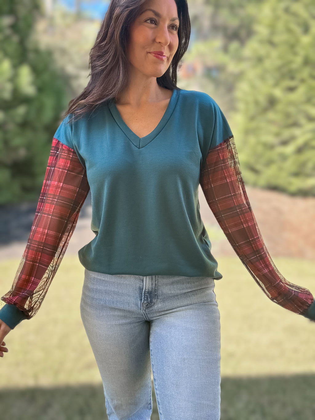 Holly Plaid Mesh Sleeve Top