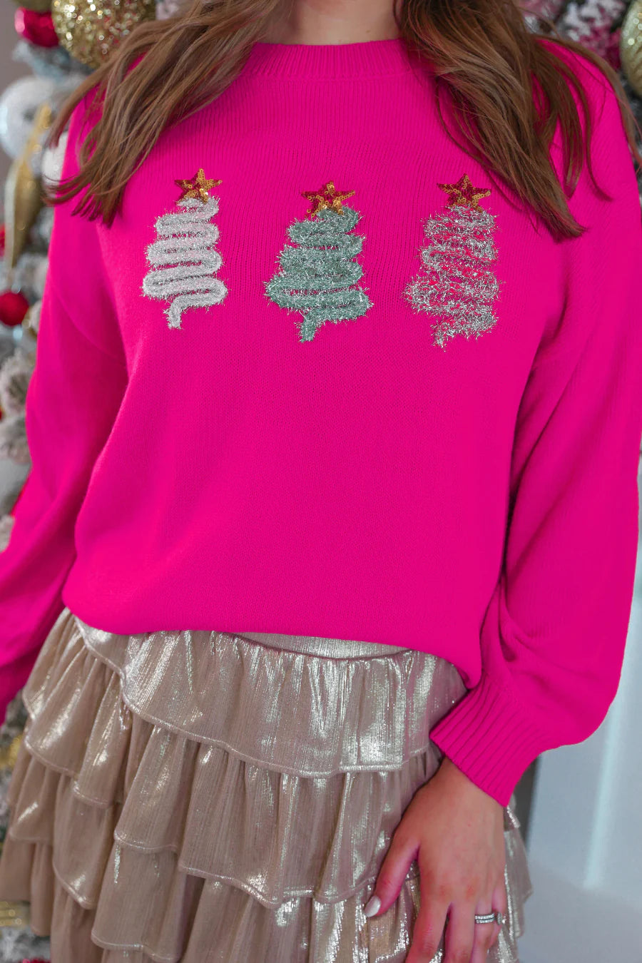 Pink Christmas Tinsel Tree Sweater