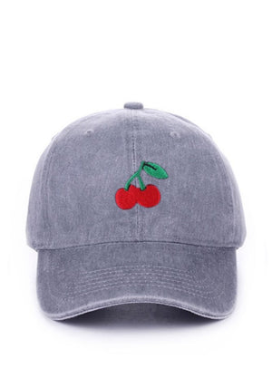 Cherries Embroidered Washed Out Cap (Grey)