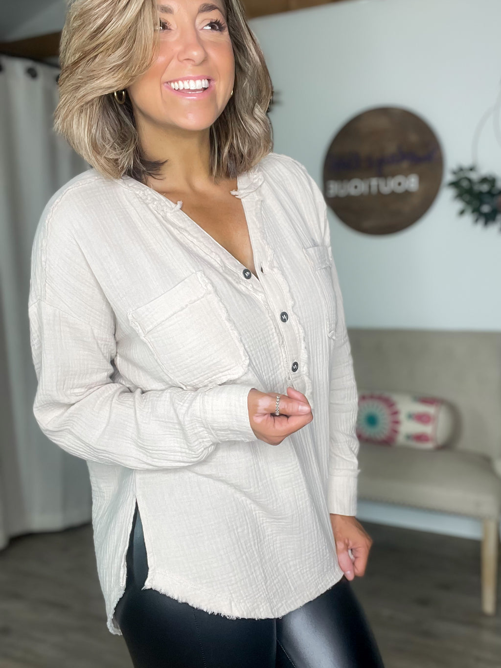 Henley Gauze Button Downs (Sand Beige)