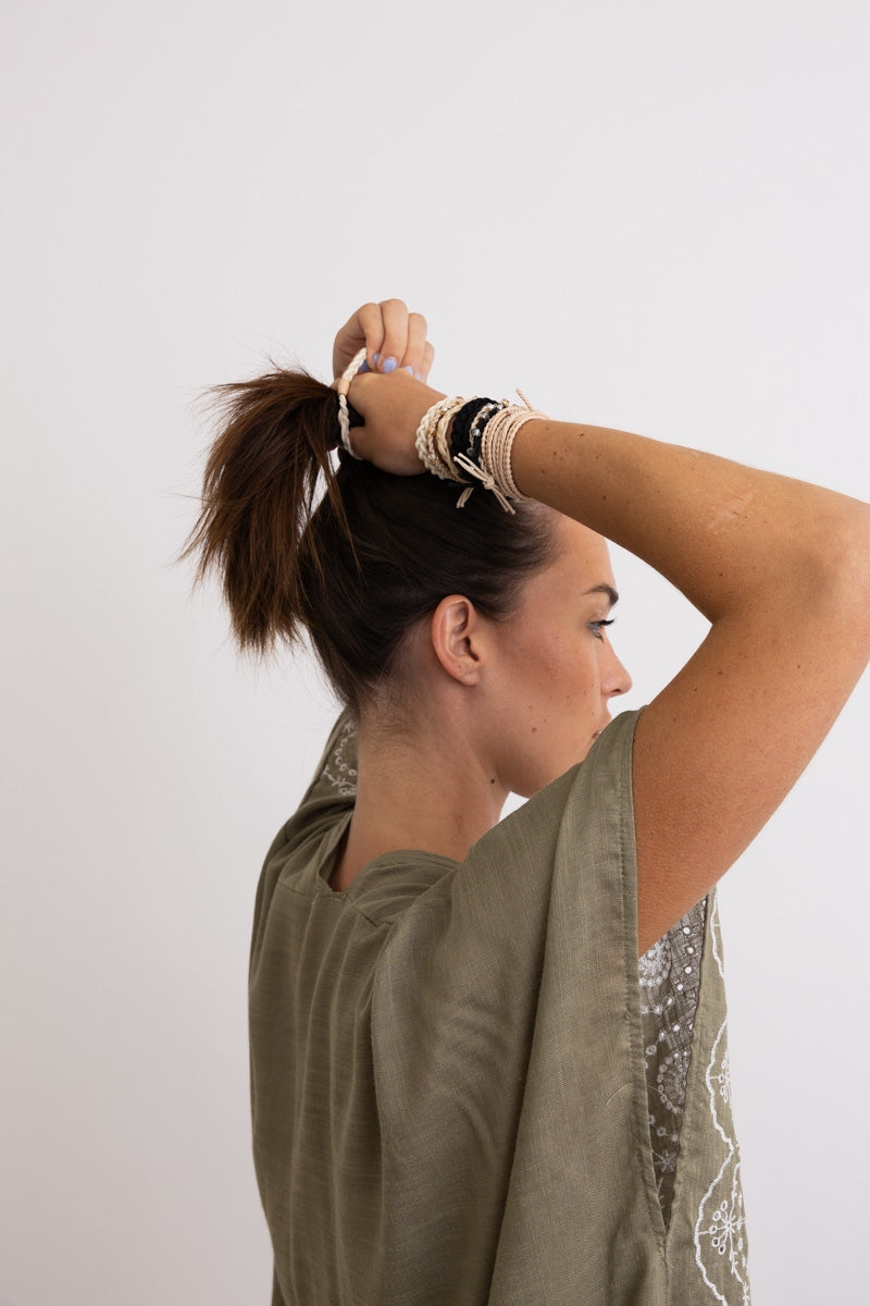 Stackable Hair Tie Bracelet Set (Black & Cream Braids & Twisted)