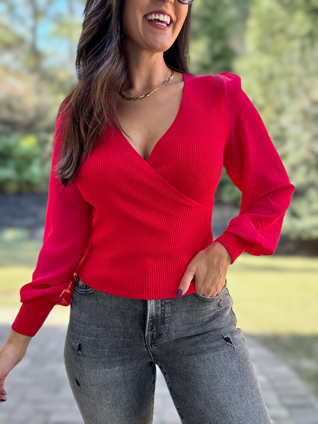 The Molly Sweater & Mesh Sleeve Top (Red)