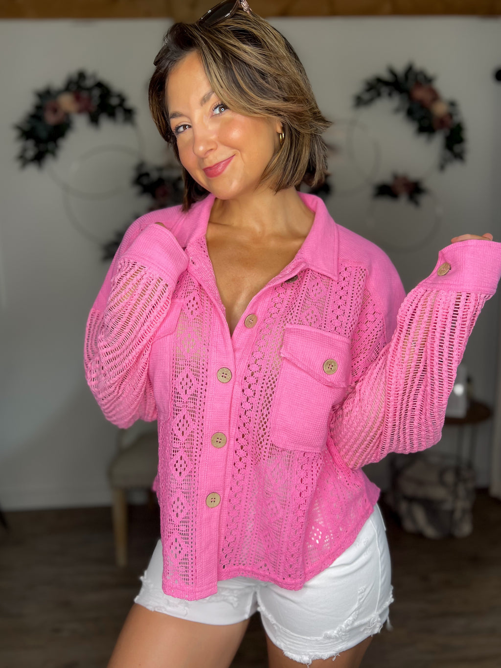 For The Love Of Pink Crochet Button Down