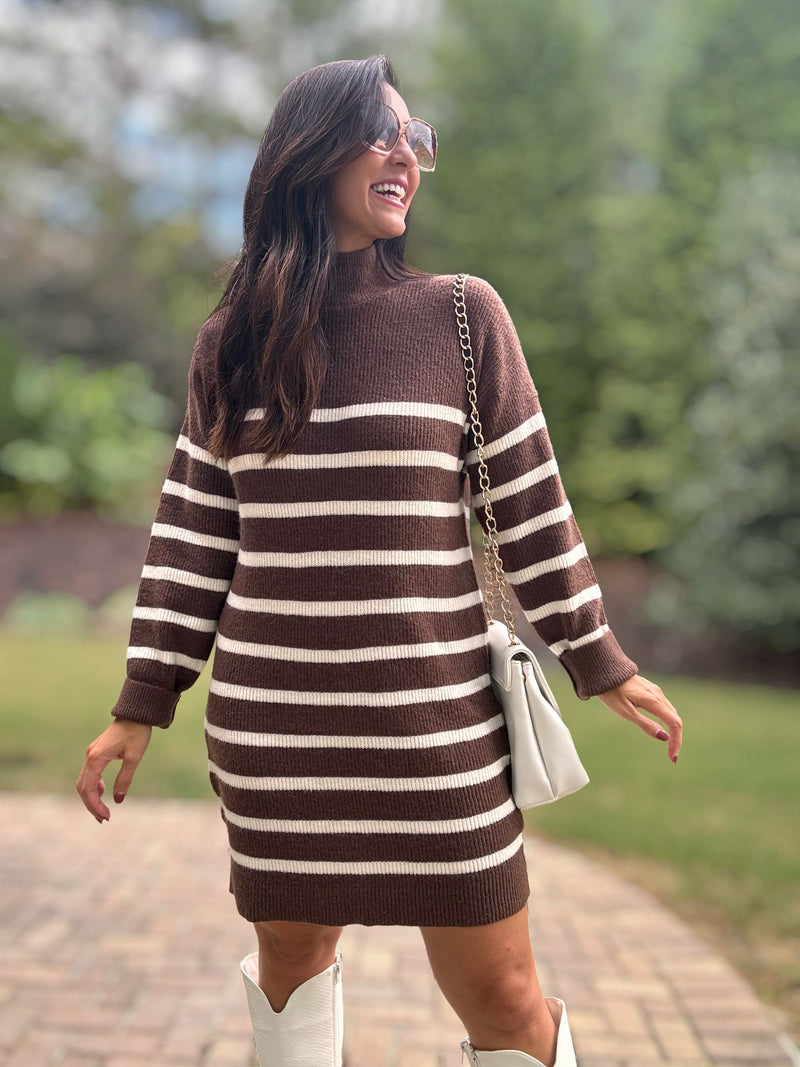 brown and white striped sweater dress ASOS DESIGN midi sweater dress in brown tonal stripe