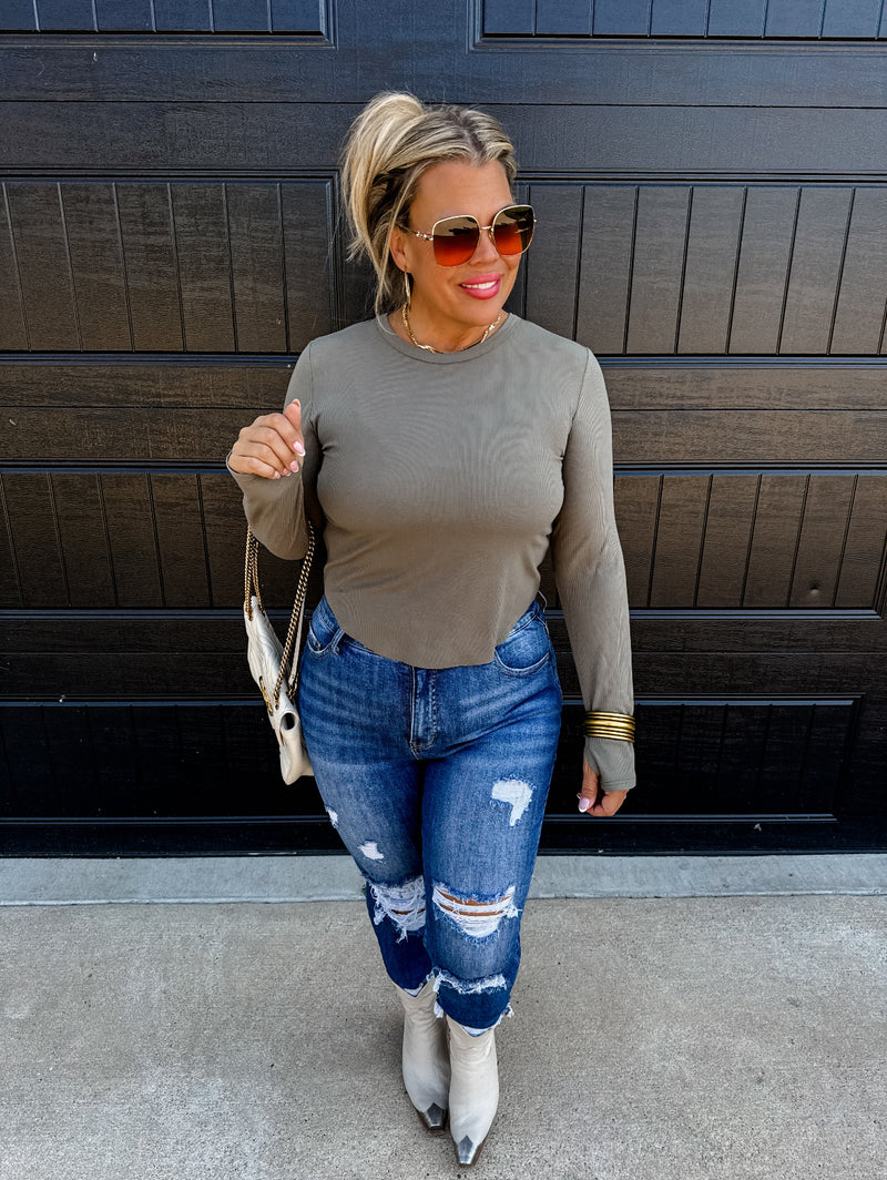 Lainey Curve Hem Ribbed Top (Olive)