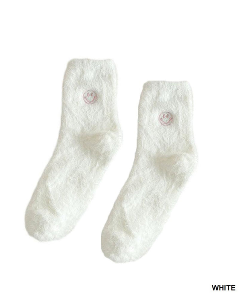 Smiley Embroidered Fuzzy Socks (White)