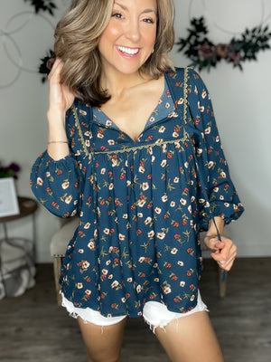 Floral & Lace Blouse (Teal)