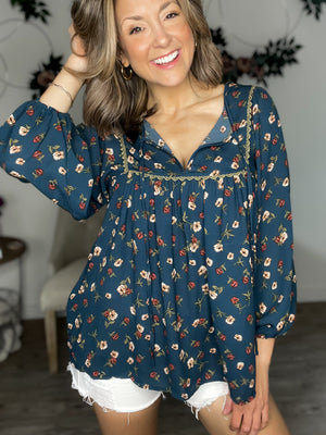 Floral & Lace Blouse (Teal)