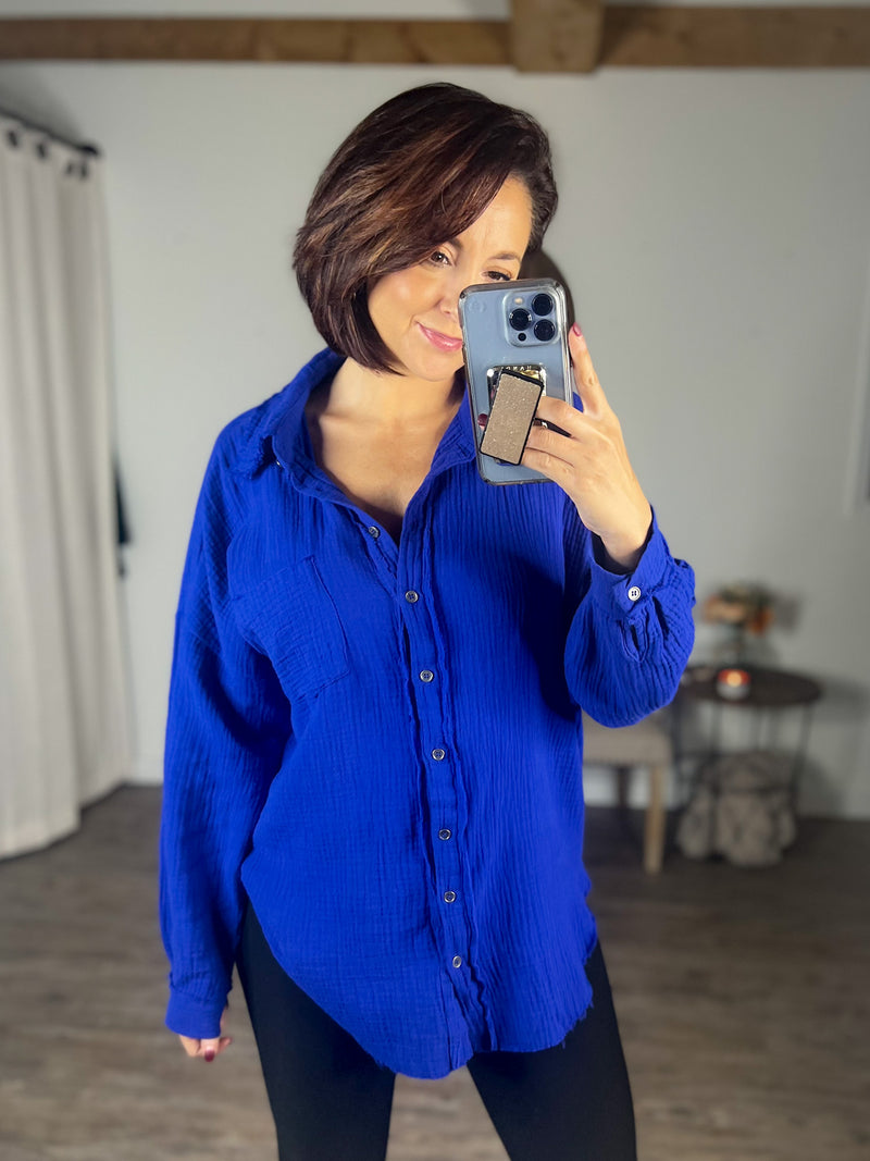 Oh My Gauze Button Down Top (Bright Blue)