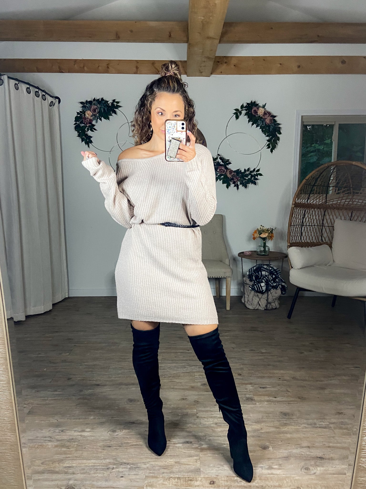 Made For Me Twist Back Sweater Dress (Taupe) M Made For Me Twist Back Sweater Dress (Taupe) M