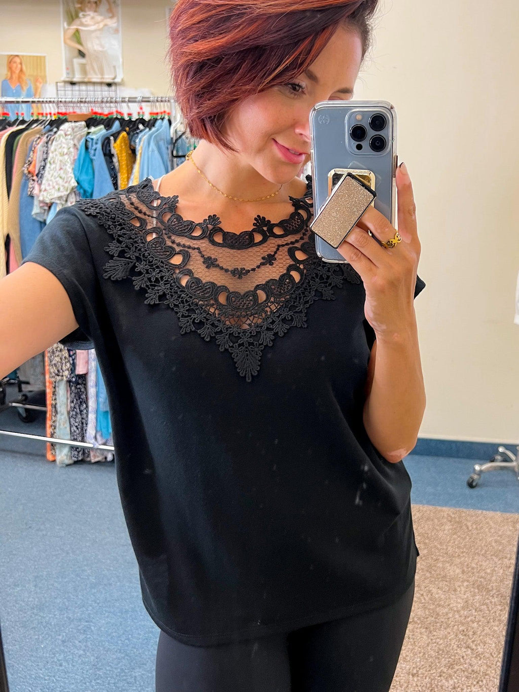 Double Take Crochet Detail Top (Black)