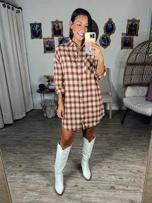 Festively Fall Flannel Button Down Dress(Mocha) Festively Fall Flannel Button Down Dress(Mocha)