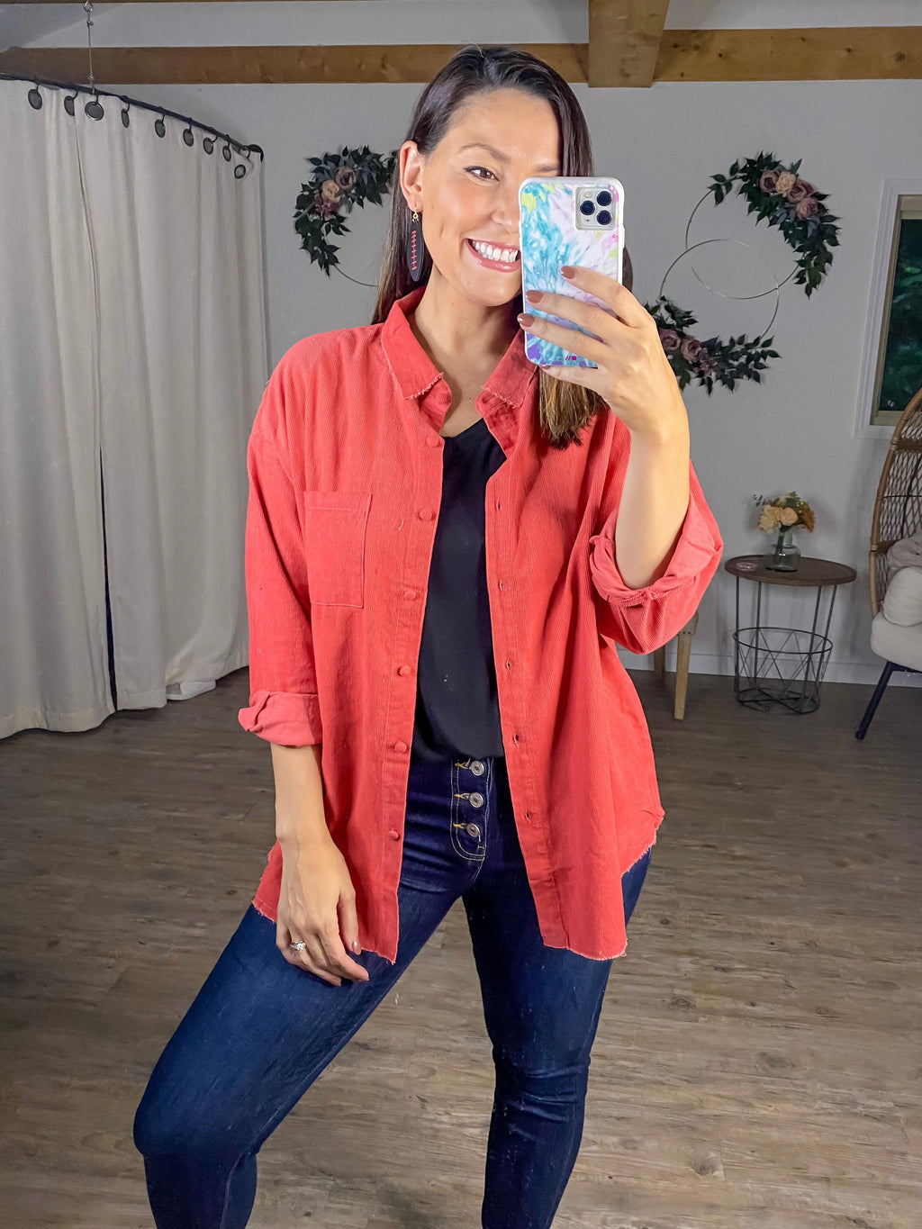 Comfort My Day Button Up Corduroy Shirt (Red Coral)