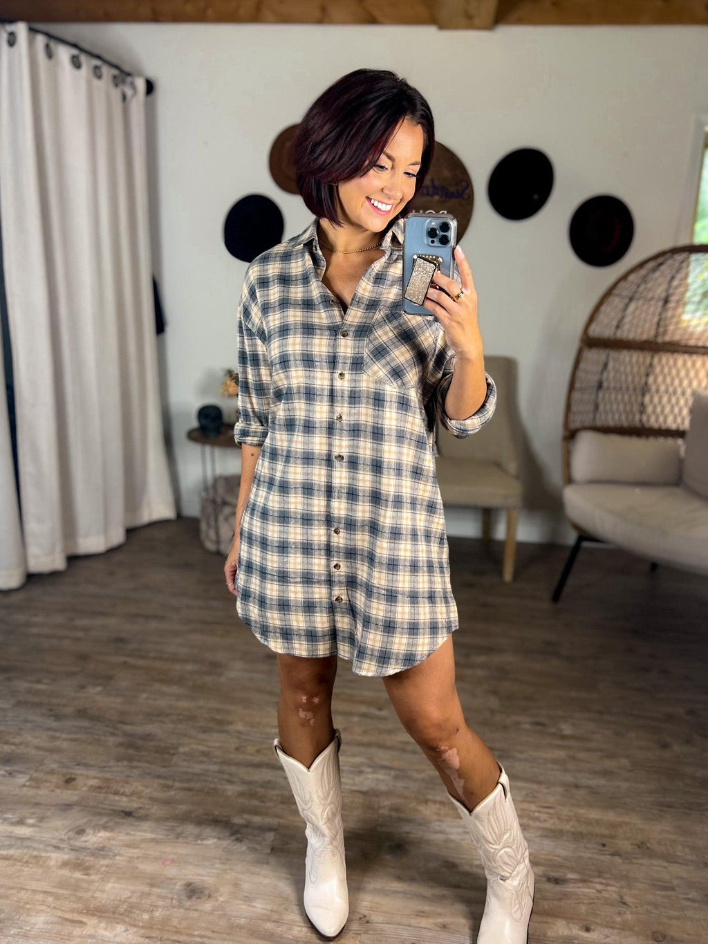 Festively Fall Flannel Button Down Dress (Slate)