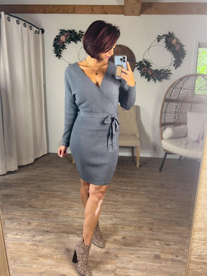 Wrapped Up In Love Sweater Ribbed Dress (Grey)