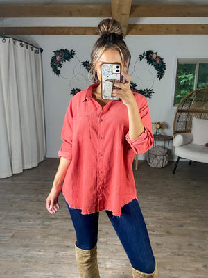 Comfort My Day Button Up Corduroy Shirt (Red Coral)